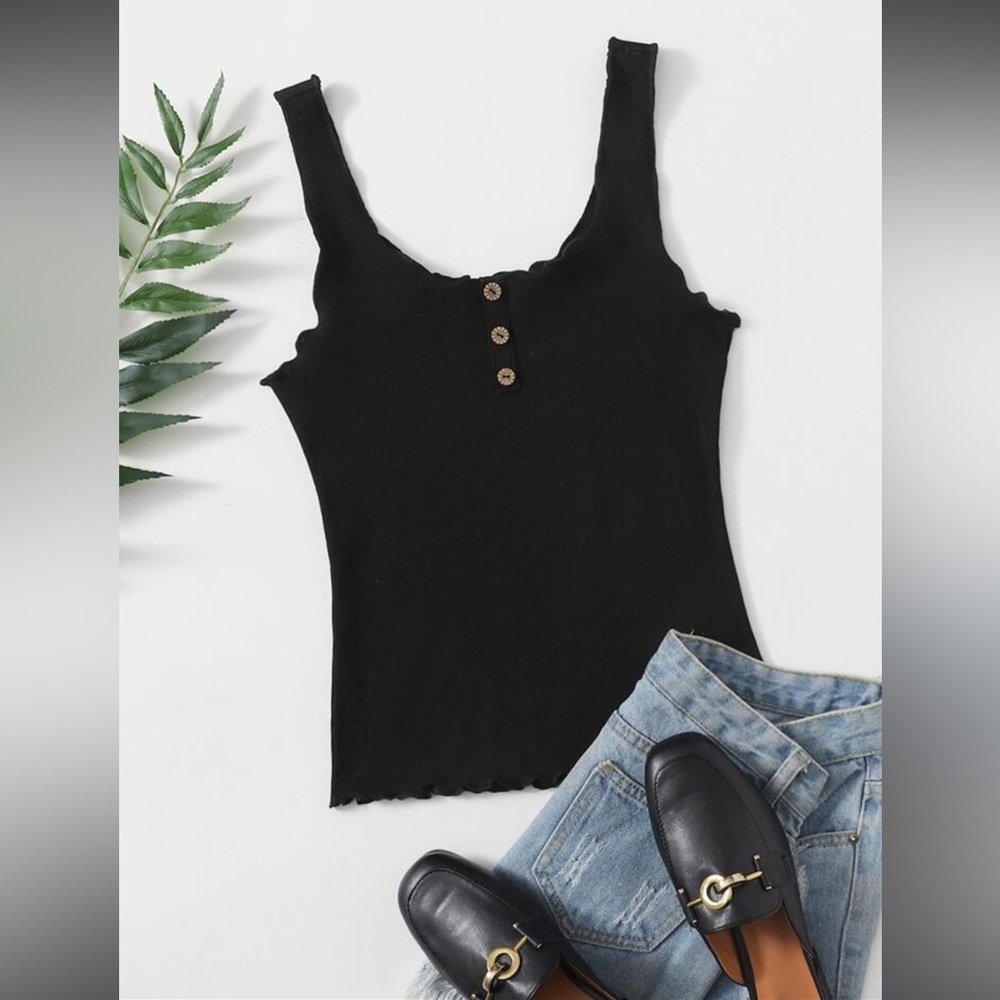 Black Ribbed Button Front Tank Top Fitted Stretch Basic Size Small